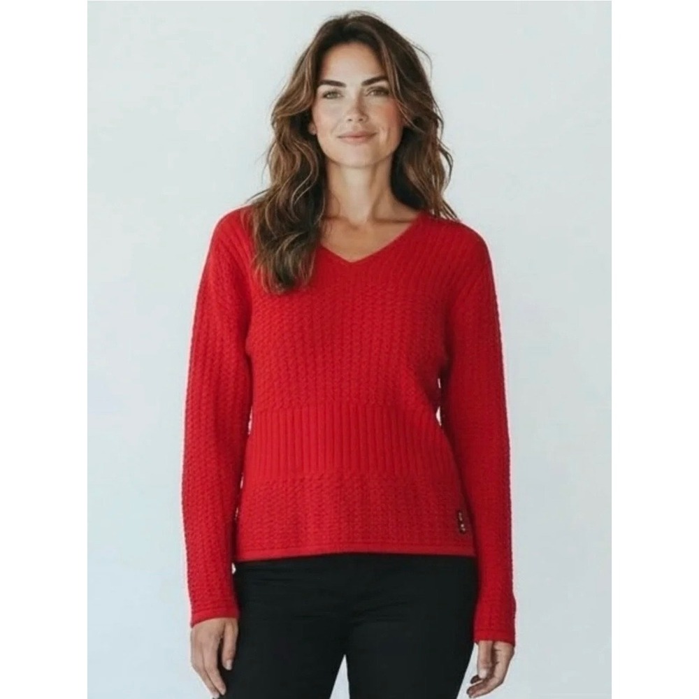 Versace Sport Red V-Neck Textured Knit Long Sleeve Sweater Logo Italy